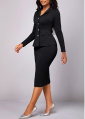 Black dresses,Plain Color dresses,ROTITA Lapel Black Long Sleeve Two Piece Suit