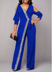ROTITA Sequin Royal Blue V Neck Jumpsuit