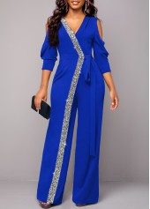 Royal Blue jumpsuits & rompers,Plain Color jumpsuits & rompers,ROTITA Sequin Royal Blue V Neck Jumpsuit