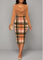 ROTITA Patchwork Plaid Light Coffee V Neck Bodycon Dress