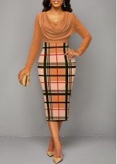 Light Coffee dresses,Plaid dresses,Geometric dresses,Striped dresses,ROTITA Patchwork Plaid Light Coffee V Neck Bodycon Dress