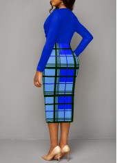 Royal Blue dresses,Plaid dresses,Striped dresses,Geometric dresses,ROTITA Patchwork Plaid Royal Blue V Neck Bodycon Dress