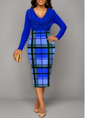 Royal Blue dresses,Plaid dresses,Striped dresses,Geometric dresses,ROTITA Patchwork Plaid Royal Blue V Neck Bodycon Dress