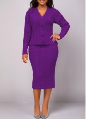 Violet dresses,Plain Color dresses,ROTITA Button Long Sleeve Violet Top and Skirt