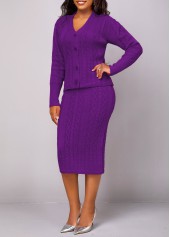 Violet dresses,Plain Color dresses,ROTITA Button Long Sleeve Violet Top and Skirt