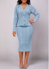 Dusty Blue dresses,Plain Color dresses,ROTITA Button Long Sleeve Dusty Blue Top and Skirt