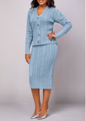 Dusty Blue dresses,Plain Color dresses,ROTITA Button Long Sleeve Dusty Blue Top and Skirt