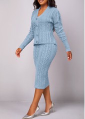 Dusty Blue dresses,Plain Color dresses,ROTITA Button Long Sleeve Dusty Blue Top and Skirt