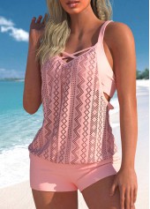 Light Pink swimwear,Plain Color swimwear,ROTITA Lace Criss Cross Light Pink Tankini Top