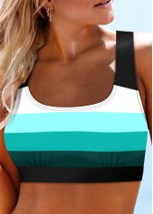 Cyan swimwear,Striped swimwear,ROTITA Patchwork Wide Strap Cyan Striped Bikini Top