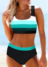 Patchwork Wide Strap Cyan Striped Bikini Set