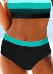 Cyan swimwear,Striped swimwear,ROTITA Patchwork Wide Strap Cyan Striped Bikini Top