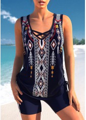 ROTITA Criss Cross Navy Tribal Print Tankini Top-No Bottom