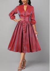 Red dresses,Plain Color dresses,ROTITA Shinning Red Button Stand Collar Dress