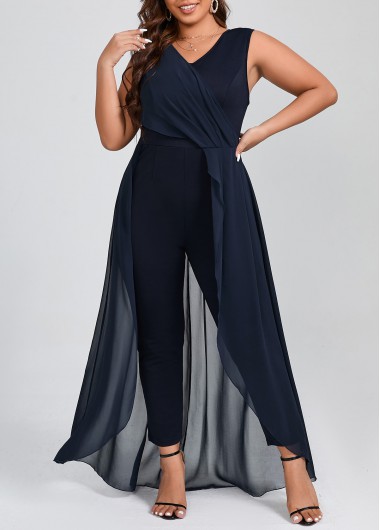 Navy plus size,Plain Color plus size,ROTITA Plus Size Patchwork Navy V Neck Sleeveless Jumpsuit