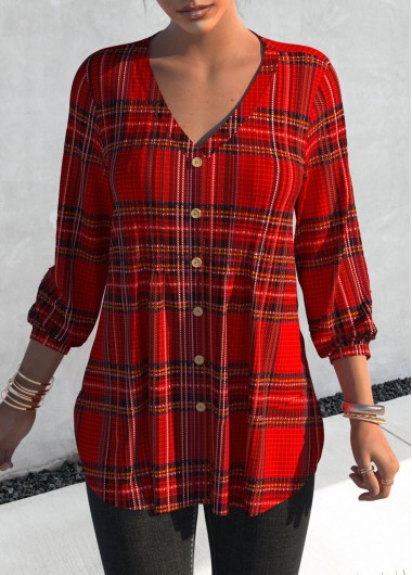 Red tops,Plaid tops,ROTITA Tuck Stitch Tartan Print Red V Neck Blouse