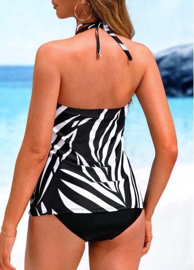 Black swimwear,Plants swimwear,Geometric swimwear,ROTITA Cut Out Black Leaf Print Mid Waisted Tankini Set