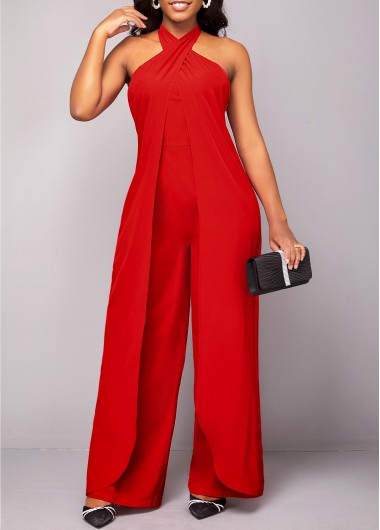 Red jumpsuits & rompers,Plain Color jumpsuits & rompers,ROTITA Criss Cross Red Tie Back Sleeveless Jumpsuit