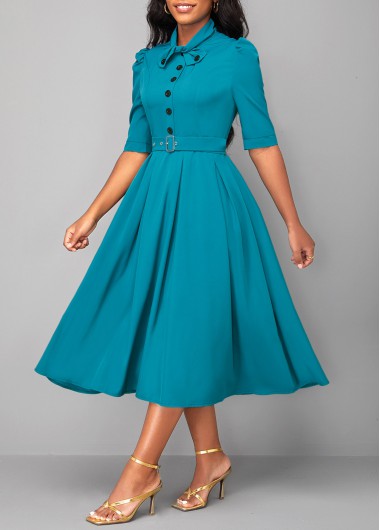 Turquoise dresses,Plain Color dresses,ROTITA Tie Turquoise Belted Half Sleeve Dress