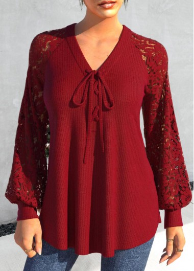Red tops,Plain Color tops,ROTITA Lace V Neck Red Long Sleeve Blouse