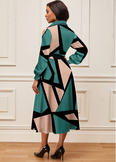 Turquoise dresses,Geometric dresses,ROTITA Button Geometric Print Turquoise Belted Shirt Collar Dress