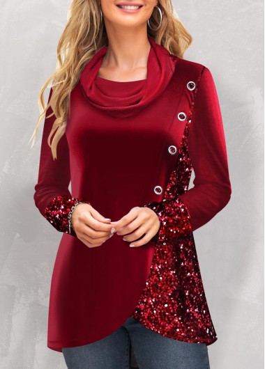 Wine Red tops,Plain Color tops,ROTITA Eyelet Wine Red Cowl Neck Long Sleeve Sweatshirt