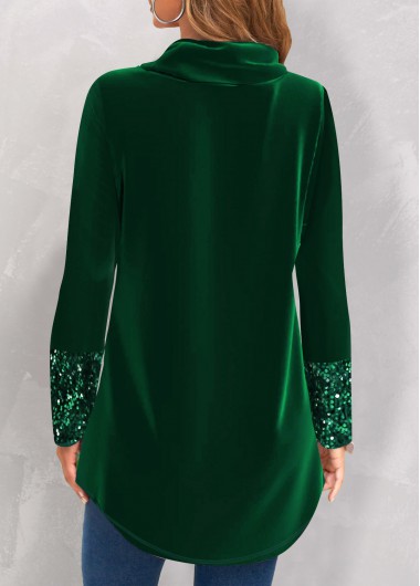 Blackish Green tops,Plain Color tops,Christmas tops,ROTITA Sequin Blackish Green Cowl Neck Long Sleeve Sweatshirt