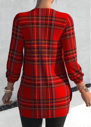 Red plus size,Plaid plus size,ROTITA Plus Size Tuck Stitch Tartan Print Red V Neck Blouse