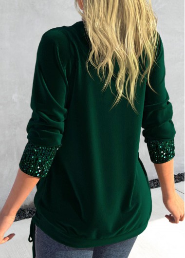 Green tops,Plain Color tops,ROTITA Sequin Green Square Neck Long Sleeve T Shirt