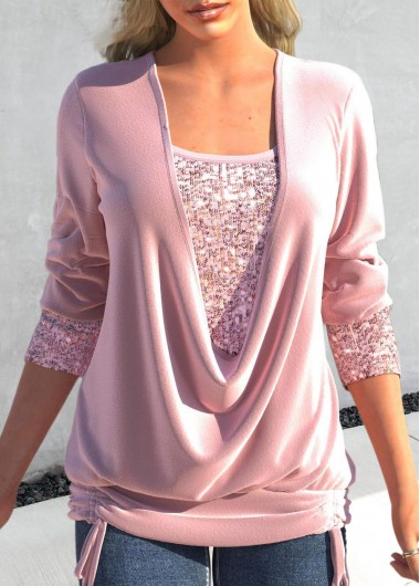 Light Pink tops,Plain Color tops,ROTITA Sequin Light Pink Square Neck T Shirt