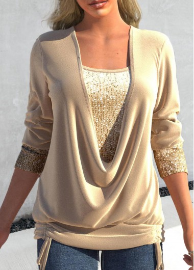 Champagne tops,Plain Color tops,ROTITA Sequin Champagne Square Neck Long Sleeve T Shirt