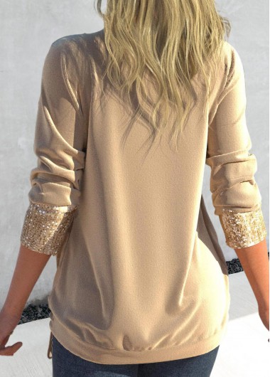Champagne tops,Plain Color tops,ROTITA Sequin Champagne Square Neck Long Sleeve T Shirt