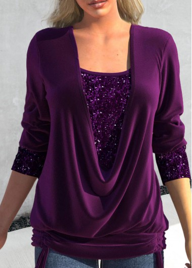 Purple tops,Plain Color tops,ROTITA Sequin Purple Square Neck Long Sleeve T Shirt