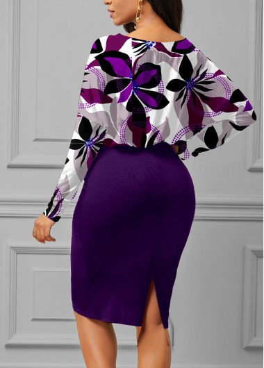 Purple dresses,Floral dresses,Dot dresses,ROTITA Floral Print Purple Shirred Bodycon Dress