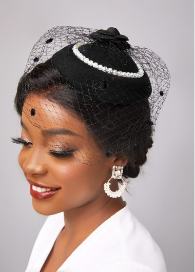 Black accessories,Plain Color accessories,Black Mesh Stitching Pearl Floral Design Beanie