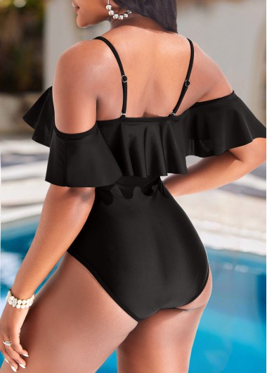 Black swimwear,Plain Color swimwear,ROTITA Lace Flounce Black One Piece Swimwear