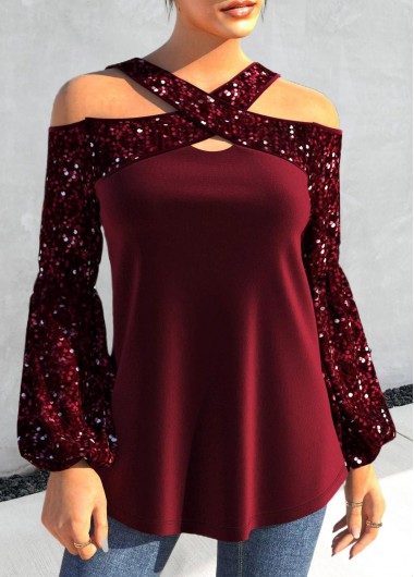 Wine Red tops,Plain Color tops,ROTITA Sequin Wine Red Cross Collar T Shirt