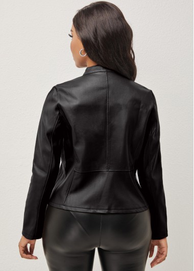 Black outerwear & coats,Plain Color outerwear & coats,ROTITA Zipper Black Stand Collar Long Sleeve Jacket