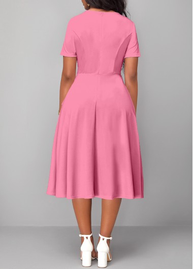 Pink dresses,Plain Color dresses,ROTITA Twist Pink Round Neck Short Sleeve Dress