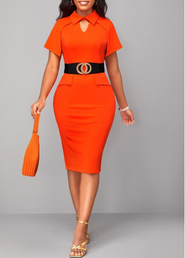 Orange dresses,Plain Color dresses,ROTITA Cut Out Orange Polo Collar Bodycon Dress