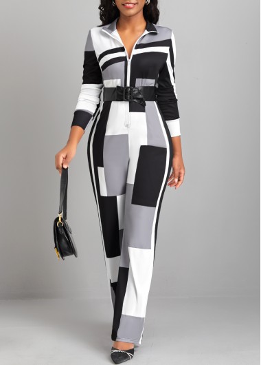 Black jumpsuits & rompers,White jumpsuits & rompers,Geometric jumpsuits & rompers,ROTITA Zipper Geometric Print Black Long Skinny Jumpsuit