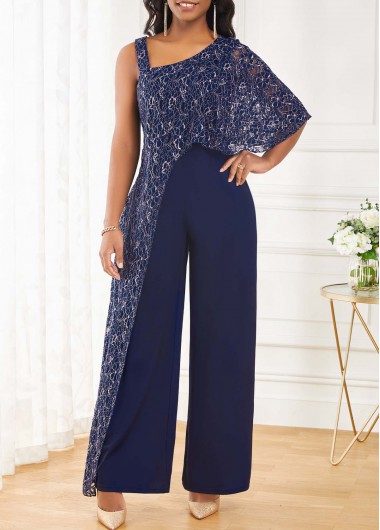 Navy jumpsuits & rompers,Plain Color jumpsuits & rompers,ROTITA Navy One Shoulder Sleeveless Lace Jumpsuit