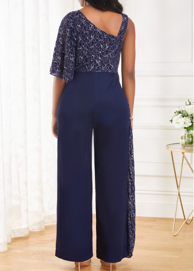 Navy jumpsuits & rompers,Plain Color jumpsuits & rompers,ROTITA Navy One Shoulder Sleeveless Lace Jumpsuit