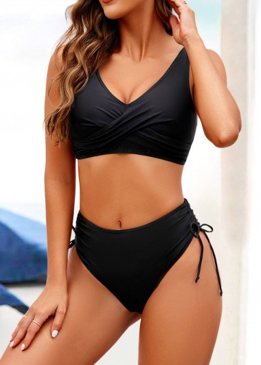 Black swimwear,Plain Color swimwear,Drawstring Black Mid Waisted Bikini Set