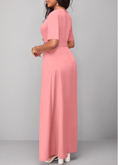 Pink jumpsuits&rompers,Plain Color jumpsuits&rompers,ROTITA Pink Short Sleeve Belted V Neck Jumpsuit