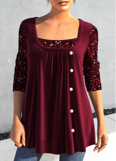 Wine Red tops,Plain Color tops,ROTITA Fake 2in1 Wine Red Square Neck T Shirt