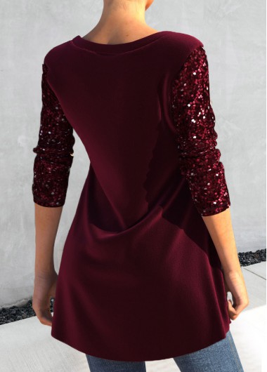 Wine Red tops,Plain Color tops,ROTITA Fake 2in1 Wine Red Square Neck T Shirt