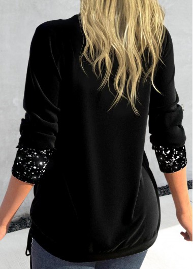 Black tops,Plain Color tops,ROTITA Sequin Black Square Neck Long Sleeve T Shirt
