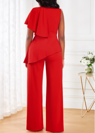 Red jumpsuits & rompers,Plain Color jumpsuits & rompers,ROTITA Ruffle Red V Neck Sleeveless Jumpsuit