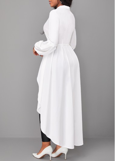 White tops,Plain Color tops,ROTITA Asymmetry White Shirt Collar Long Sleeve Blouse